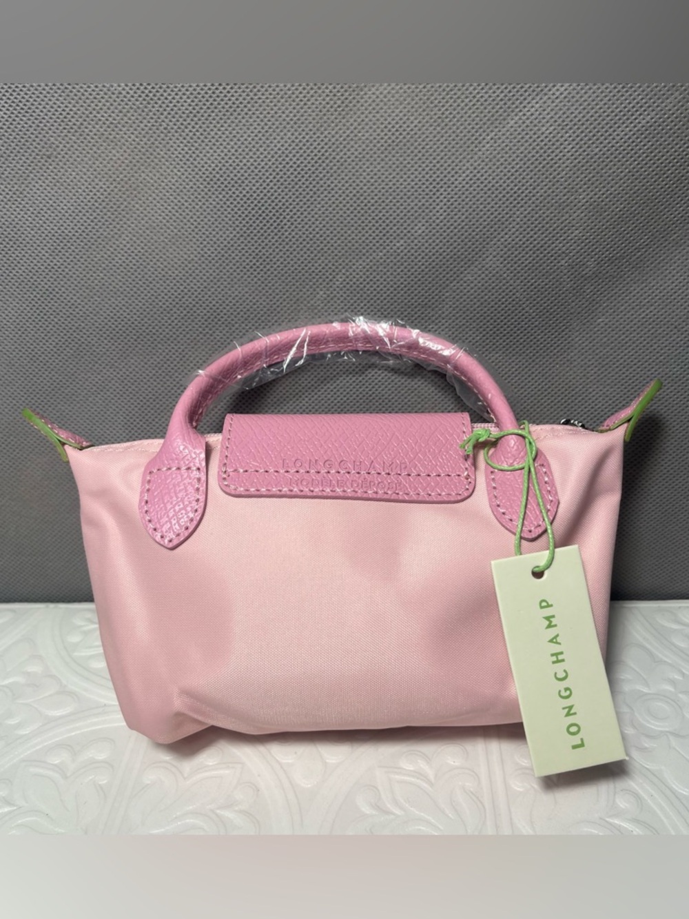 NWT Longchamp LE PLIAGE ORIGINAL POUCH WITH HANDLE Pink Tea Pink Leather Canvas - Picture 2 of 11